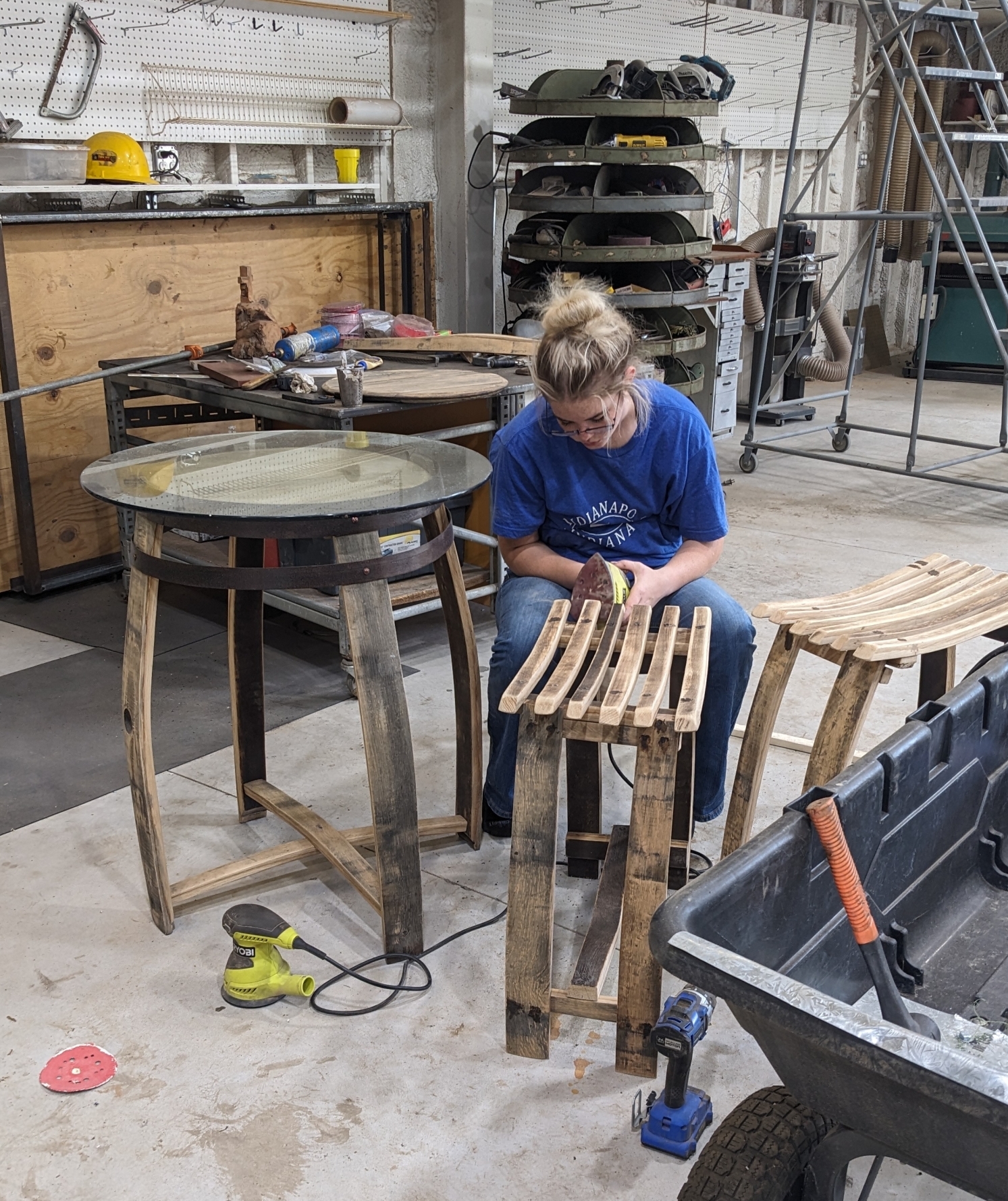 Joni Foster repurposed wood from an old whiskey barrel to create a top-ranking table and set of chairs.