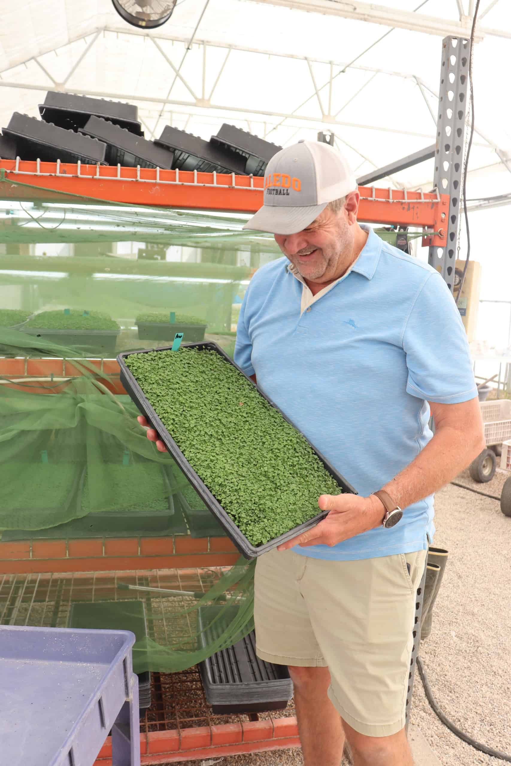 Rees Atkins holds a tray of microgreens grown at his farm.