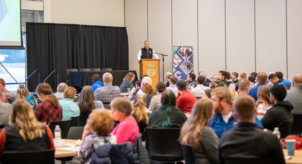 CSIF Executive Director Brian Waddingham addresses attendees of the 2024 Iowa Leadership Conference (also pictured above).