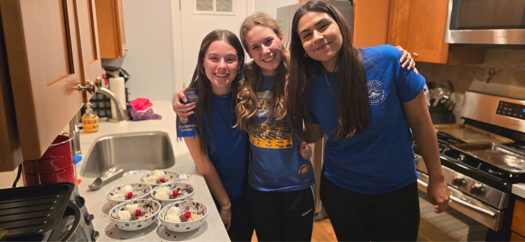 Delicious teamwork! Addison Castro, Kayzen Hickingbottom and Melanie Perez pose with their homemade ice cream treat after the baking challenge