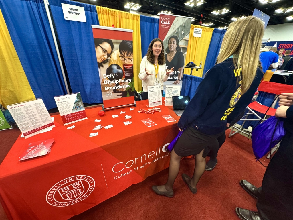 New York FFA alumni member Courtney Taibi talks to a current FFA member at the National FFA Convention & Expo.