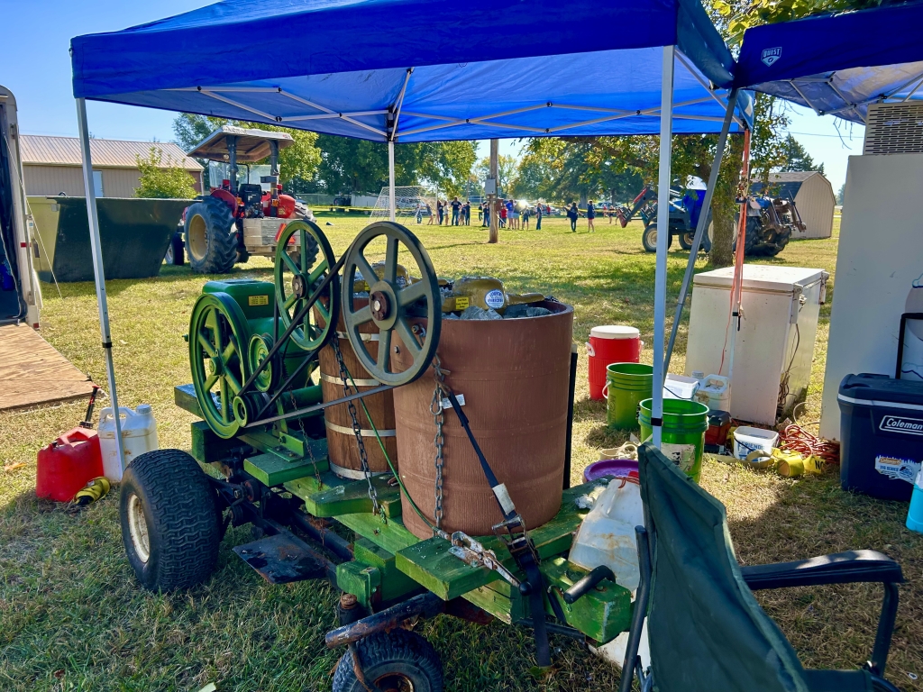 The gas-powered ice cream maker churns a sweet treat.