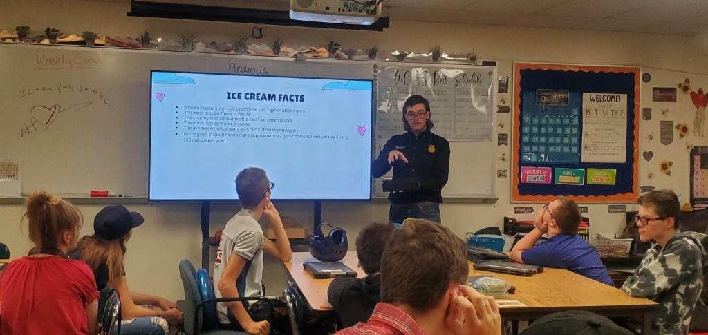 Cian Cribbs leads a group of students through a lesson about ice cream.