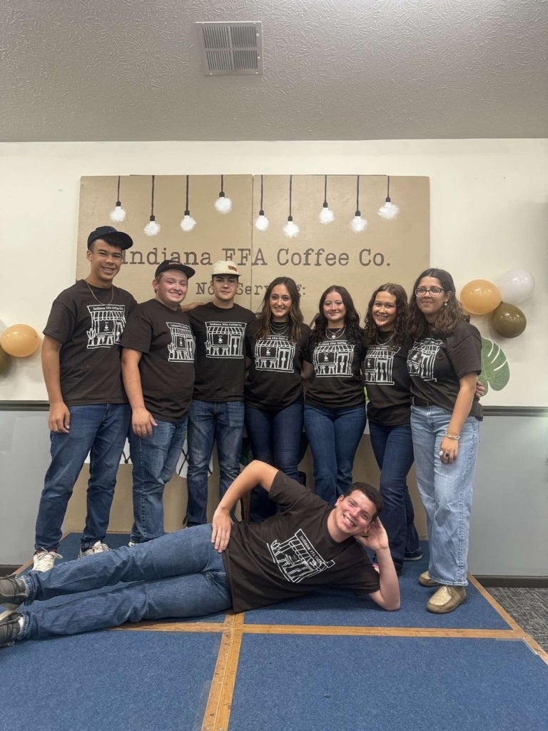 The 2024-25 Indiana FFA District III officer team, alongside current Indiana FFA State President Ethan Wolheter, at the Premier Leadership Training (PLT) Conference.