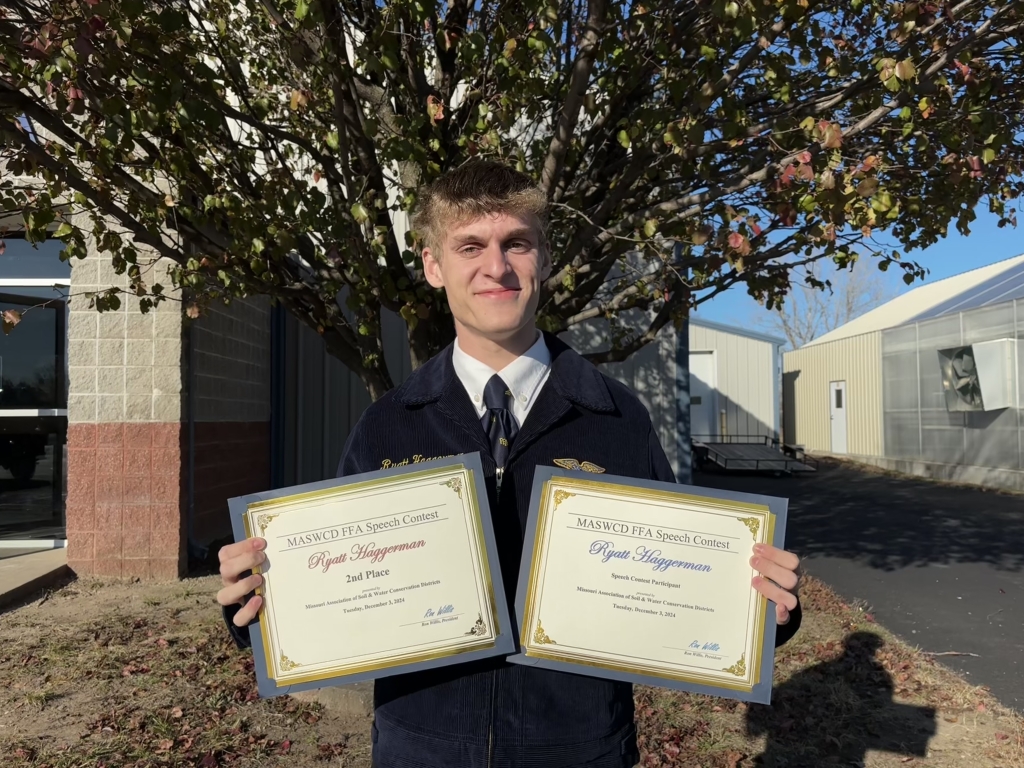 Ryatt Haggerman places second at state in the soil and water conservation topic and receives a cash prize.