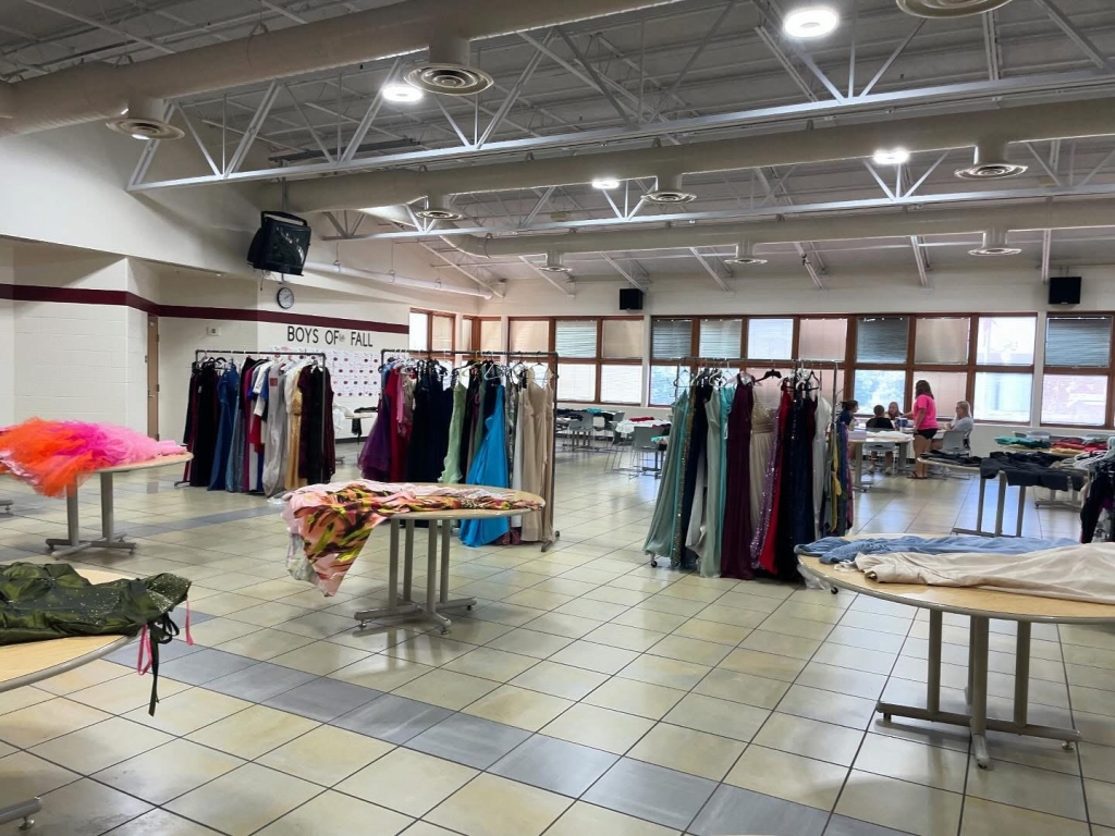 Utica High School cafeteria set up for the Utica FFA Glamour and Grace Dress Drive.