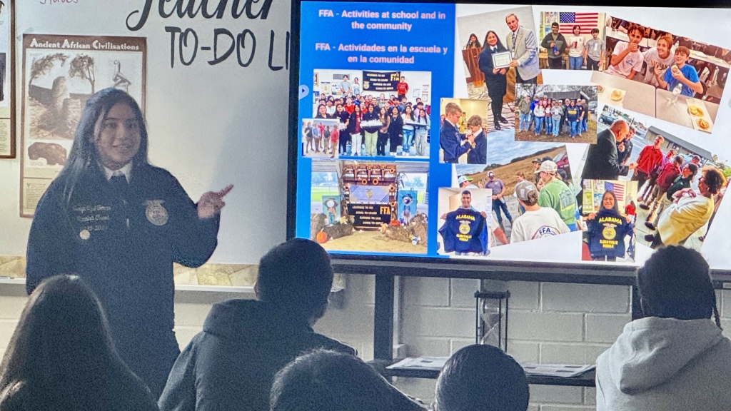 Evelyn Tzul Tomas shares her FFA experiences with students at her school. Photo courtesy of Pam Ancelet.