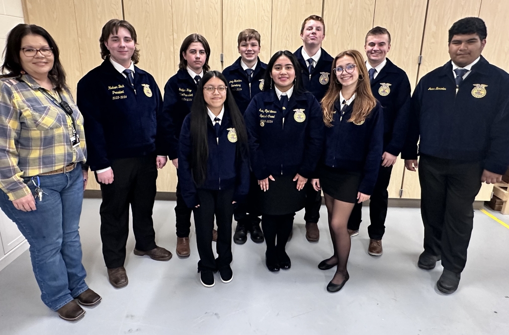 The Albertville Middle School FFA officer team helped Ramona Weeks (far left) and Evelyn Tzul Tomas (center) create an impactful program for agriculture students and FFA members. Photo courtesy of Ramona Weeks.