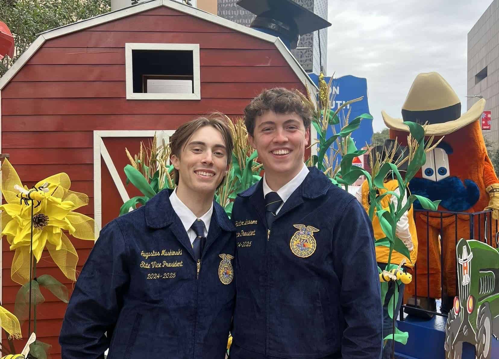 Hunter Lawson and Gus Mushinski representing Texas FFA in the Houston Thanksgiving Day parade. 