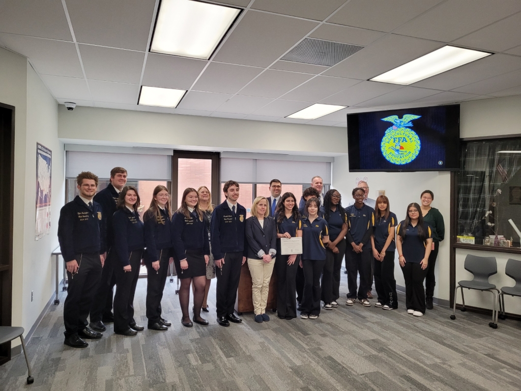 The 2024-25 New Jersey FFA state officers, Middlesex-Piscataway FFA members and the Middlesex County Magnet Schools administrators.