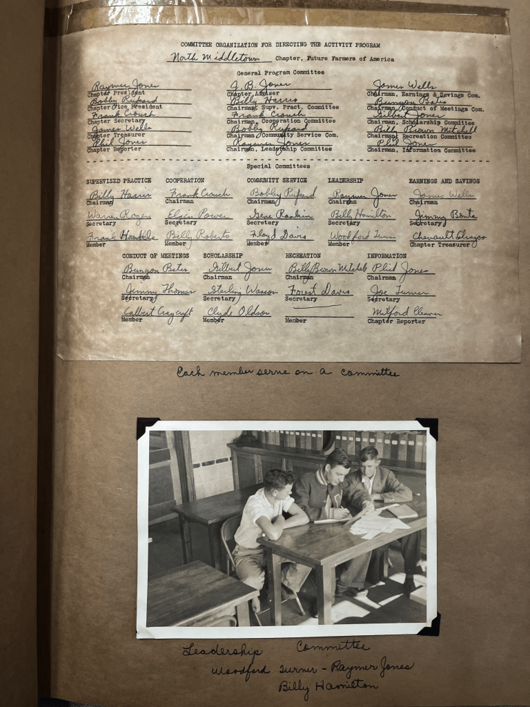 A scrapbook page documenting the 1941 North Middletown High School FFA executive team, which looks very similar to the setup of a current FFA chapter executive team.