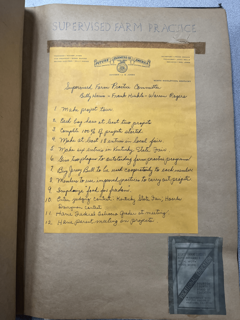 An old Supervised Farm Practice Committee goals list. It shares several similar goals with today’s FFA chapters, including farm project tours, completing or showing growth in projects and entering projects in the state fair.