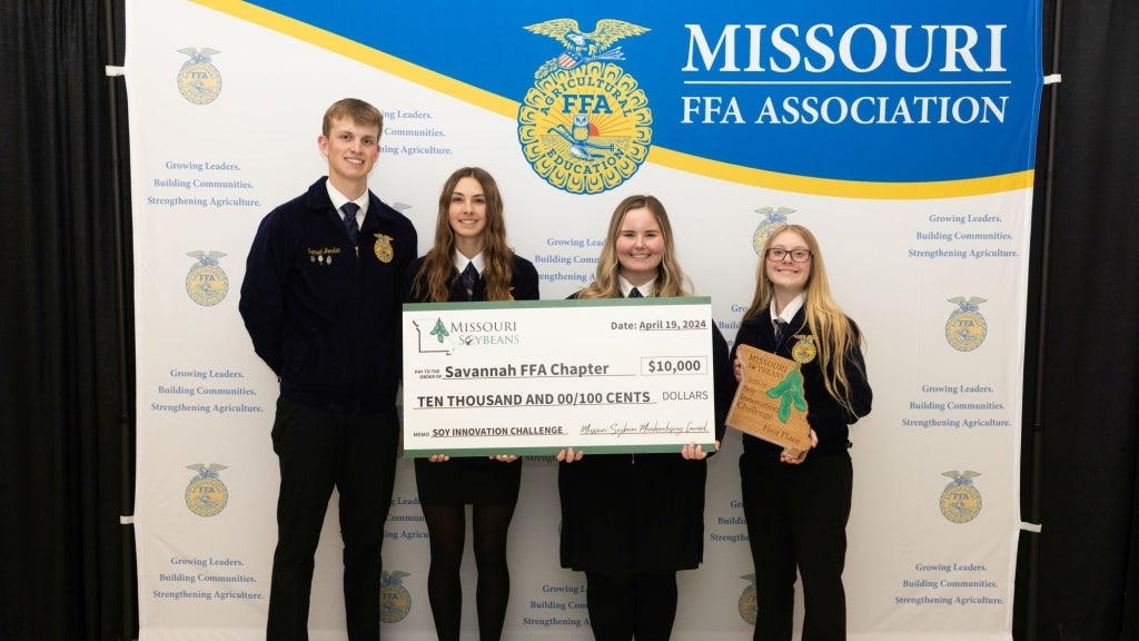 Savannah FFA members Sam Jordan (left), Kaylea Farrell (left center), Maesyn Jones (right center) and Kathryn Yingling (right) pose with the check their chapter received at the 2024 Missouri State FFA Convention. Photo courtesy of Mikaila Livingston.