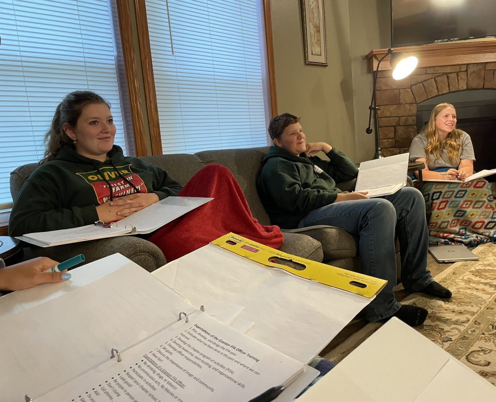 Granton FFA Sentinel Jessi Berg (left), Treasurer Kadyn Marg (middle) and President Tori Seif (right) sit down to discuss plans for the Lock-In.