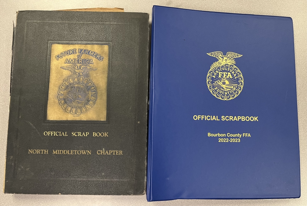 A 1941 North Middletown FFA Chapter scrapbook (left) next to a 2023 Bourbon County FFA Chapter scrapbook (right), representing 82 years of history.