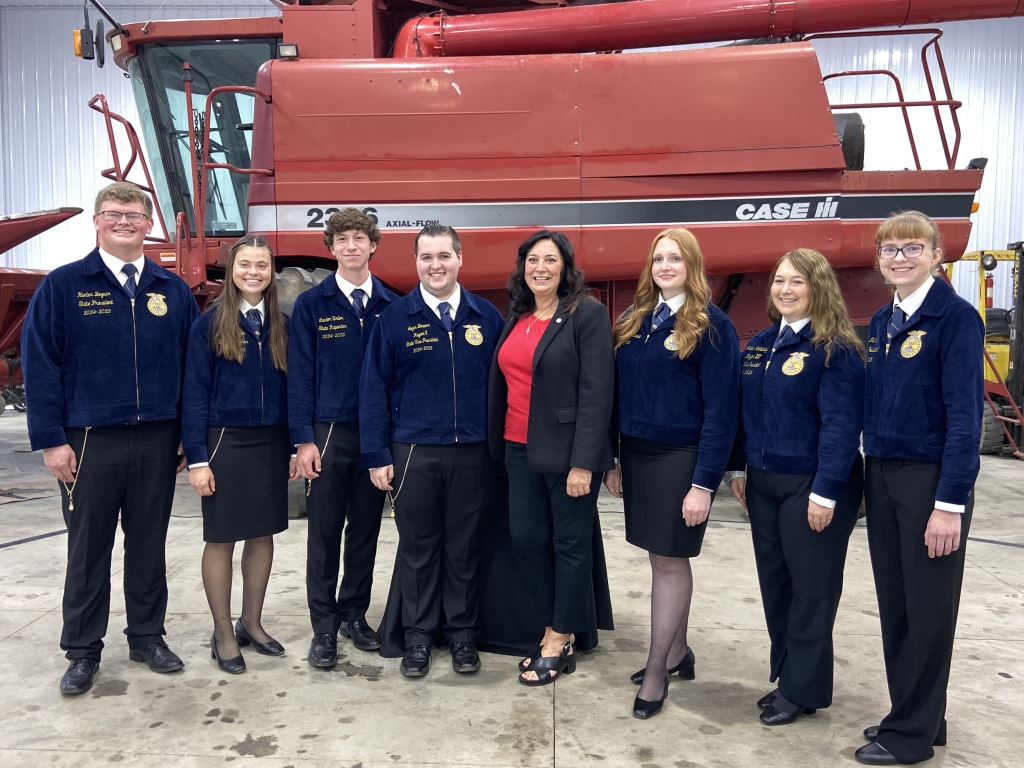 Michigain FFA state officers thank Representative Witwer (center) for her instrumental role in securing funding.