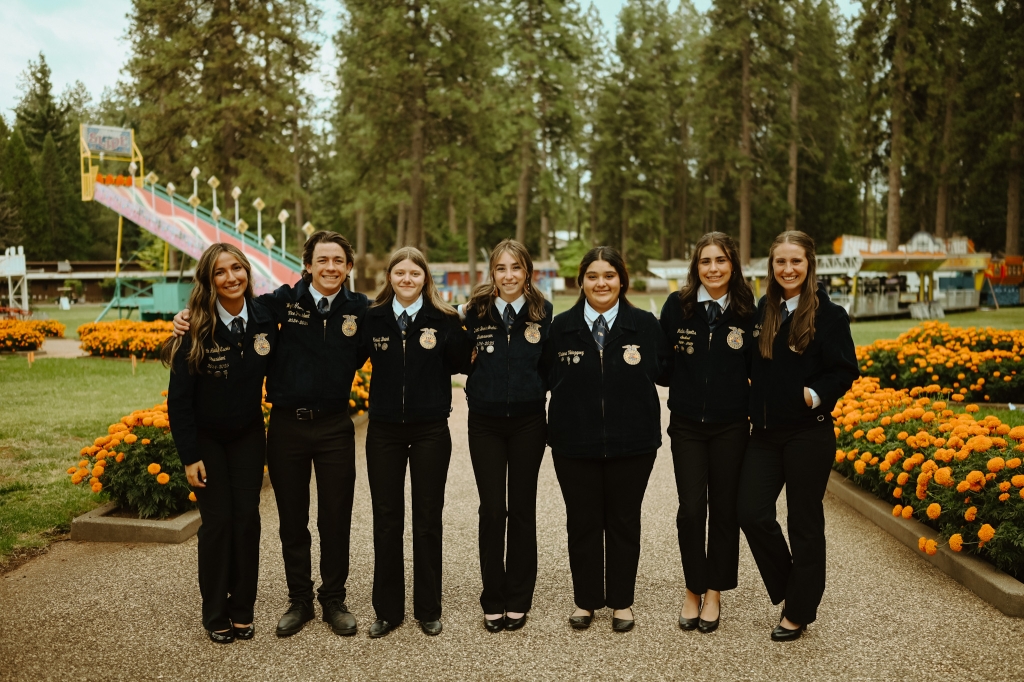 The 2024-25 Bear River FFA Chapter officer team at the Nevada County Fairgrounds, from left to right: Faith Escoto, Wyatt Thompson, Kristi Brink, Dakota Graham, Viviana Velazquez, Malia Spotts and Audra Paasch.