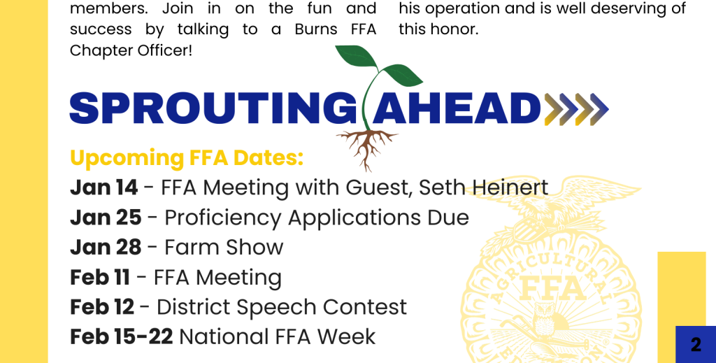 The “Sprouting Ahead” section at the bottom of the Blue &amp; Gold Newsletter keeps members and parents informed about upcoming events.