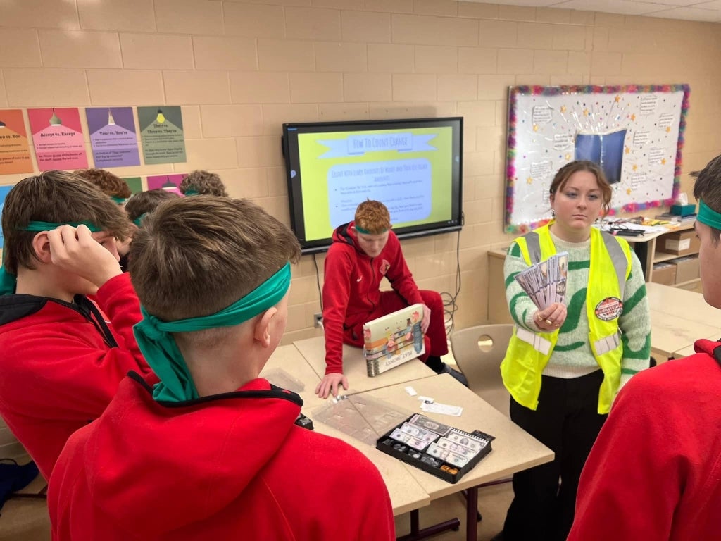 Felicity-Franklin FFA members and students practice counting change during the 2024 Survivor Week. Photo courtesy of Holly Jennings.