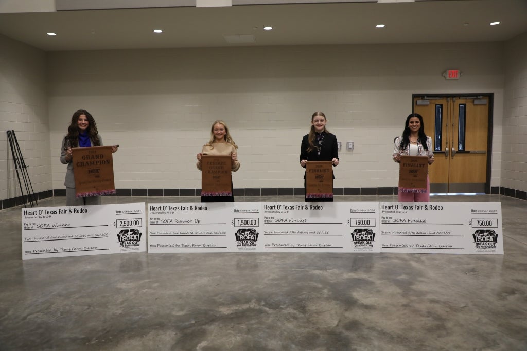 The top four contestants in the 2024 SOFA Challenge include McKenna Bush (far left), Calee Scoggins (left center), Rockwell County 4-H member Avery McInvale (right center) and Katy Taylor FFA member Lillian Crawley (far right). Each finalist received a scholarship, jacket and banner. Photo courtesy of Texas Farm Bureau.