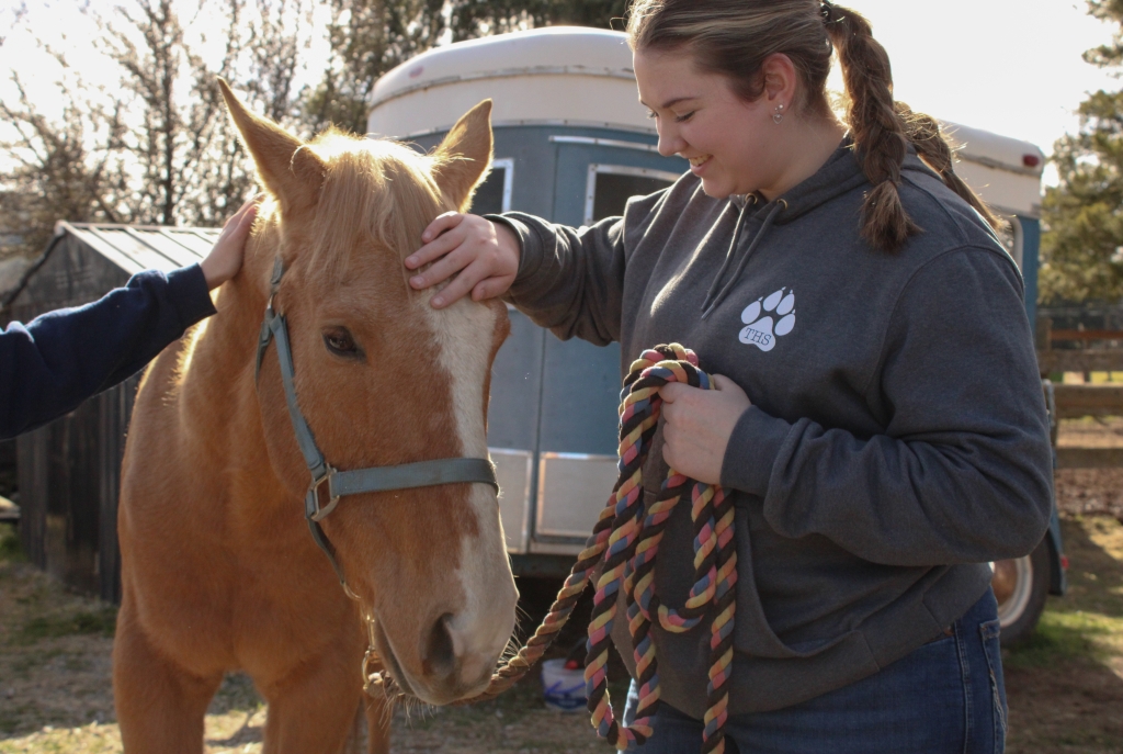 Morgan Darrow holds a horse.